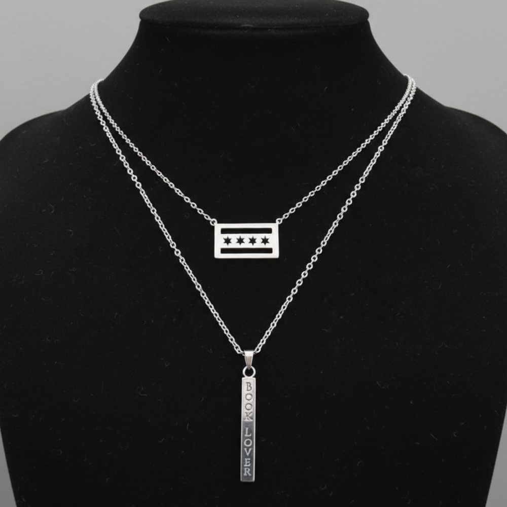 Set of 2 🩶 Book Lover Bar Pendant + Rectangle Flag Silver Tone Necklace Set